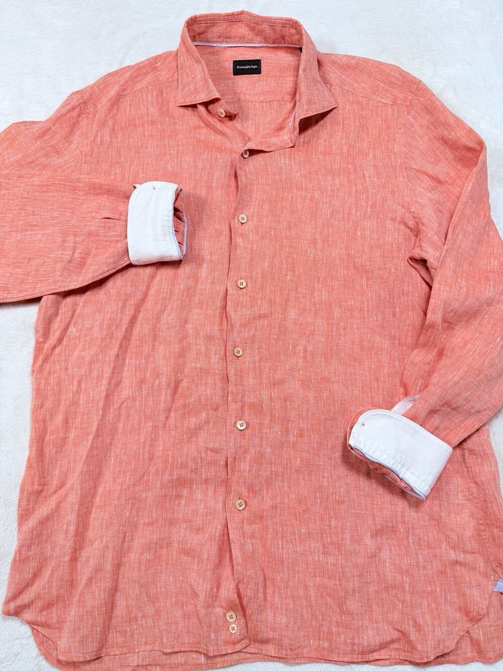Ermenegildo Zegna Coral Orange Linen Button Up Shirt Quiet Luxury Resort Sz XL